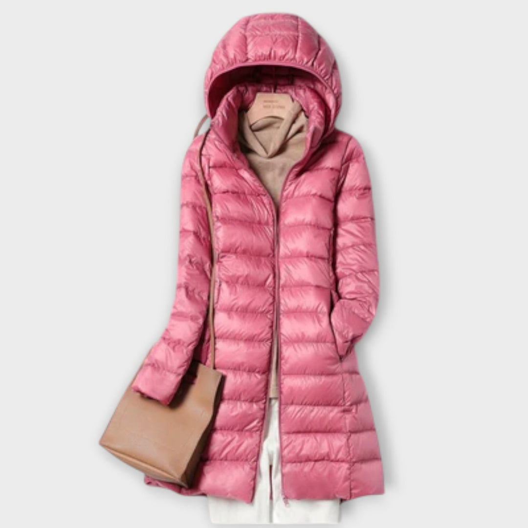 Annika - Chaqueta de plumas ultraligera beige con capucha