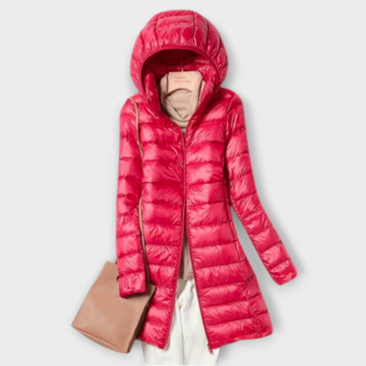 Annika - Chaqueta de plumas ultraligera beige con capucha