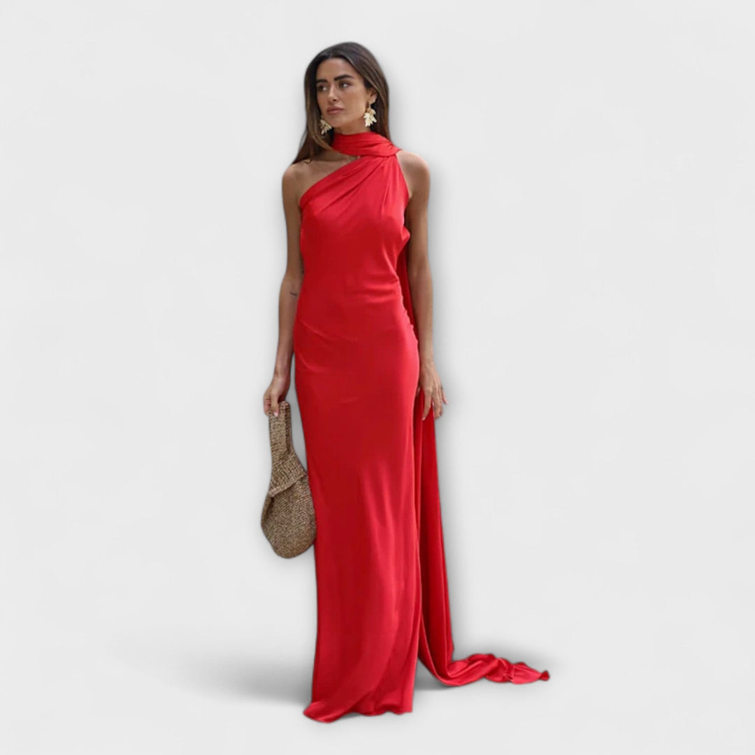 Elegante vestido maxi de tirantes sin hombros en color naranja