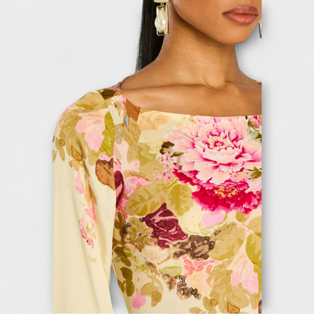 Kelly - Vestido maxi crema con estampado de flores