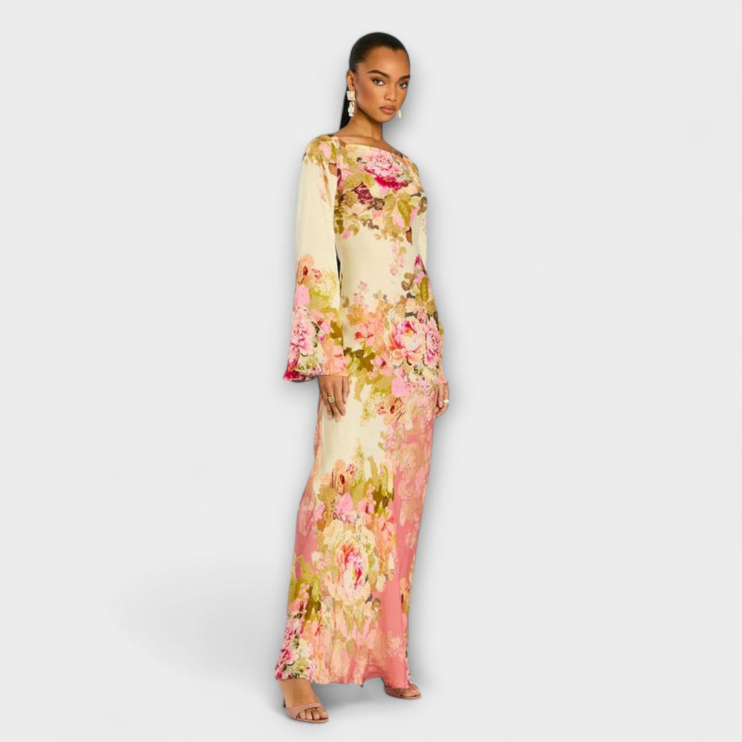 Kelly - Vestido maxi crema con estampado de flores