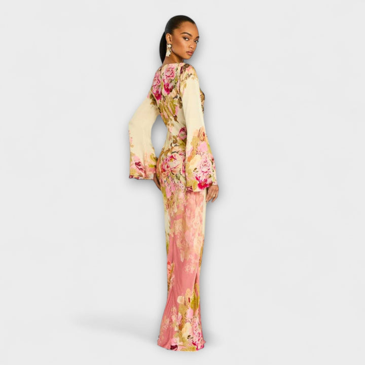 Kelly - Vestido maxi crema con estampado de flores