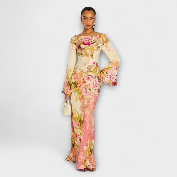 Kelly - Vestido maxi crema con estampado de flores
