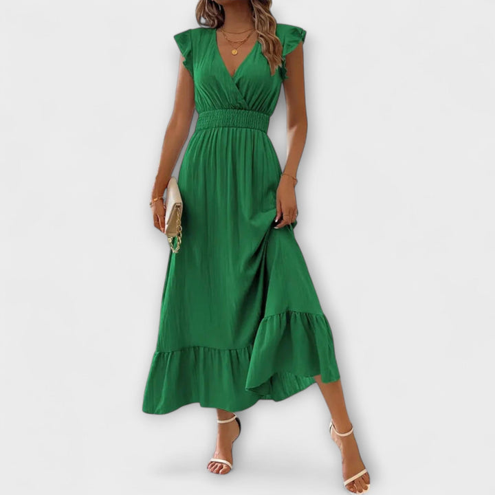Poet - Vestido largo verde con volantes y escote en V