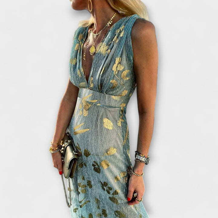 Vestido fluido verde - Escote en V con lentejuelas