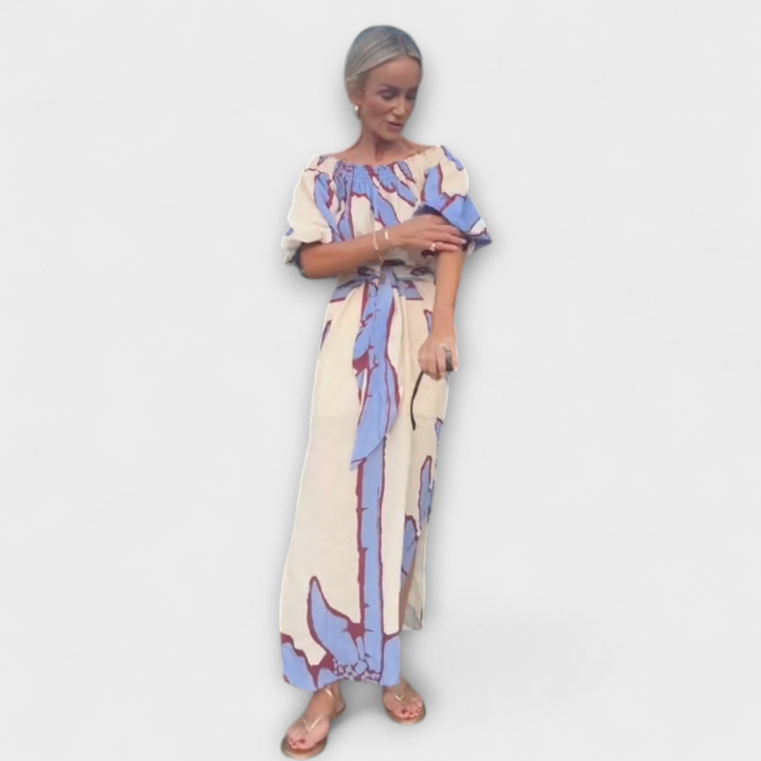 Georgia - Vestido maxí de hombros al aire con estampado