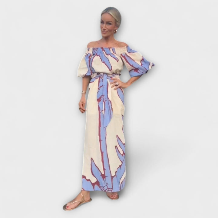 Georgia - Vestido maxí de hombros al aire con estampado