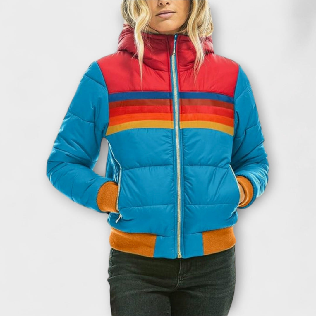 Roswitha - Parka retro colorida con capucha de piel sintética