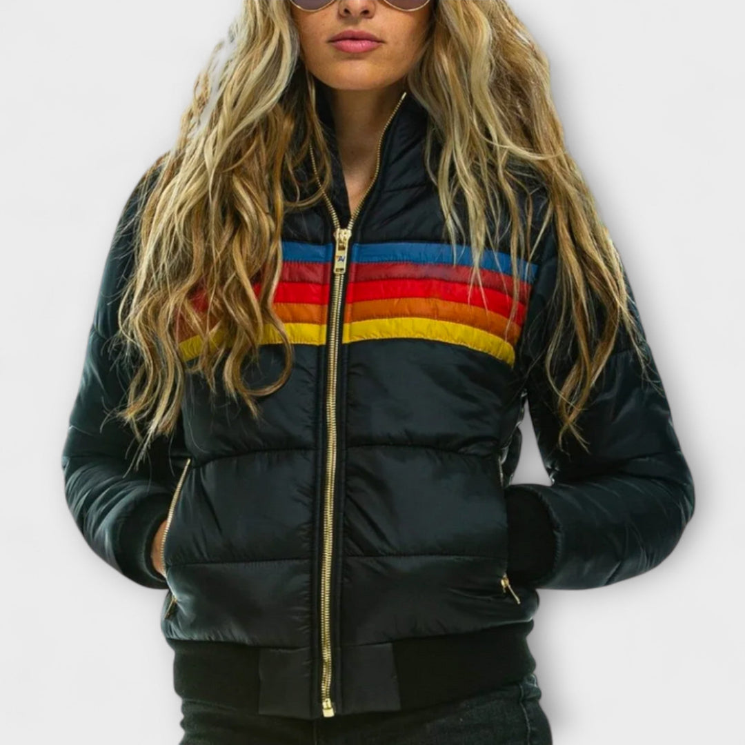 Roswitha - Parka retro colorida con capucha de piel sintética