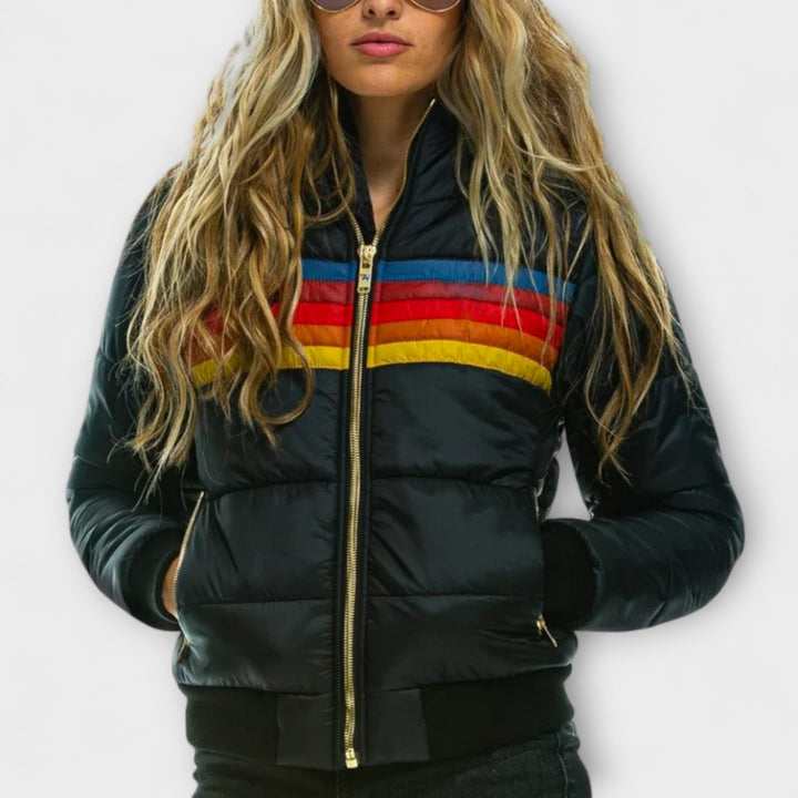 Roswitha - Parka retro colorida con capucha de piel sintética
