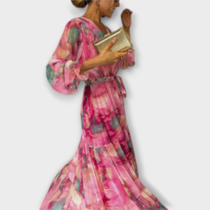Evelyn - Vestido maxi rosa con estampado de acuarela