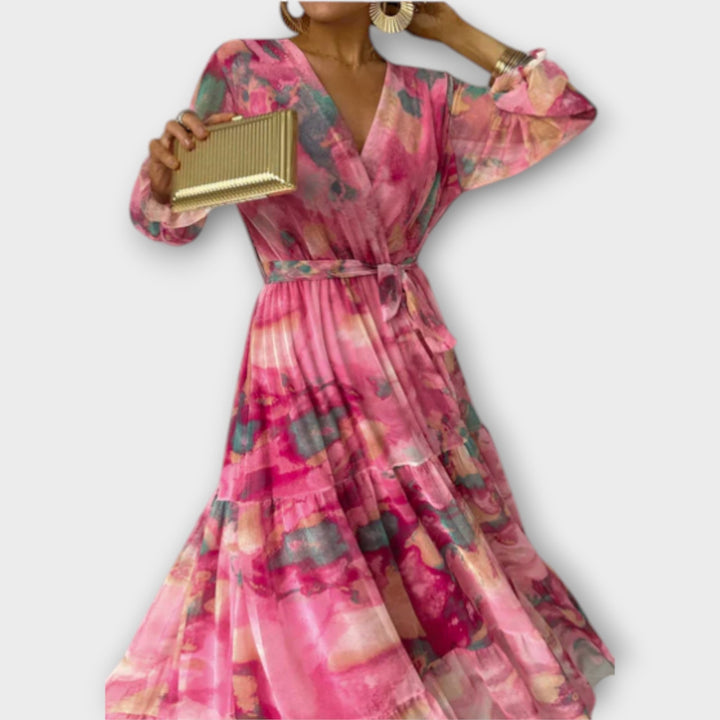 Evelyn - Vestido maxi rosa con estampado de acuarela
