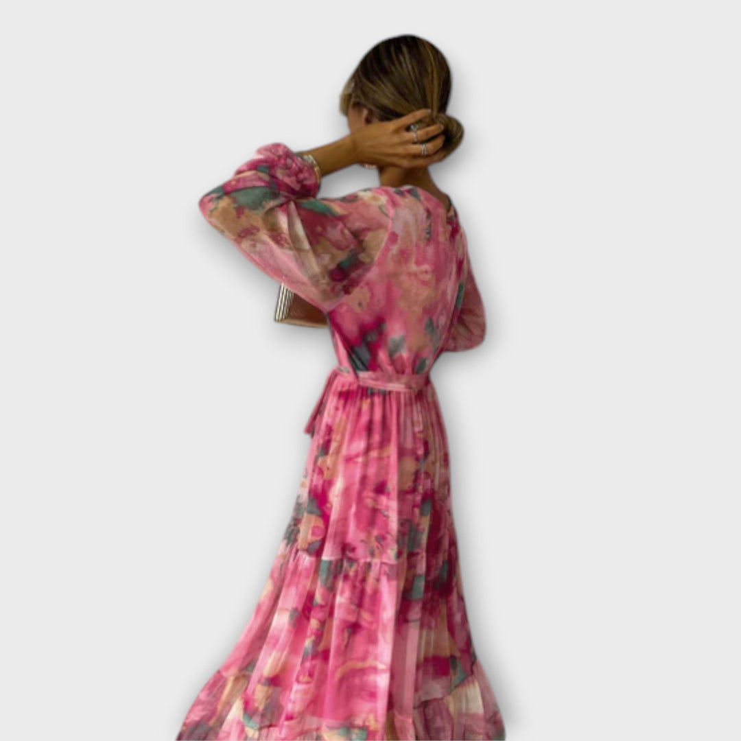 Evelyn - Vestido maxi rosa con estampado de acuarela