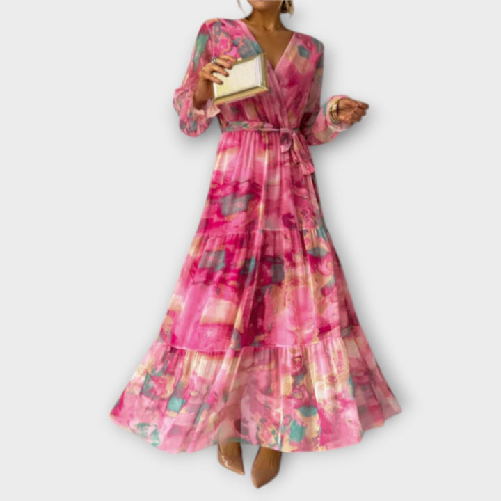 Evelyn - Vestido maxi rosa con estampado de acuarela