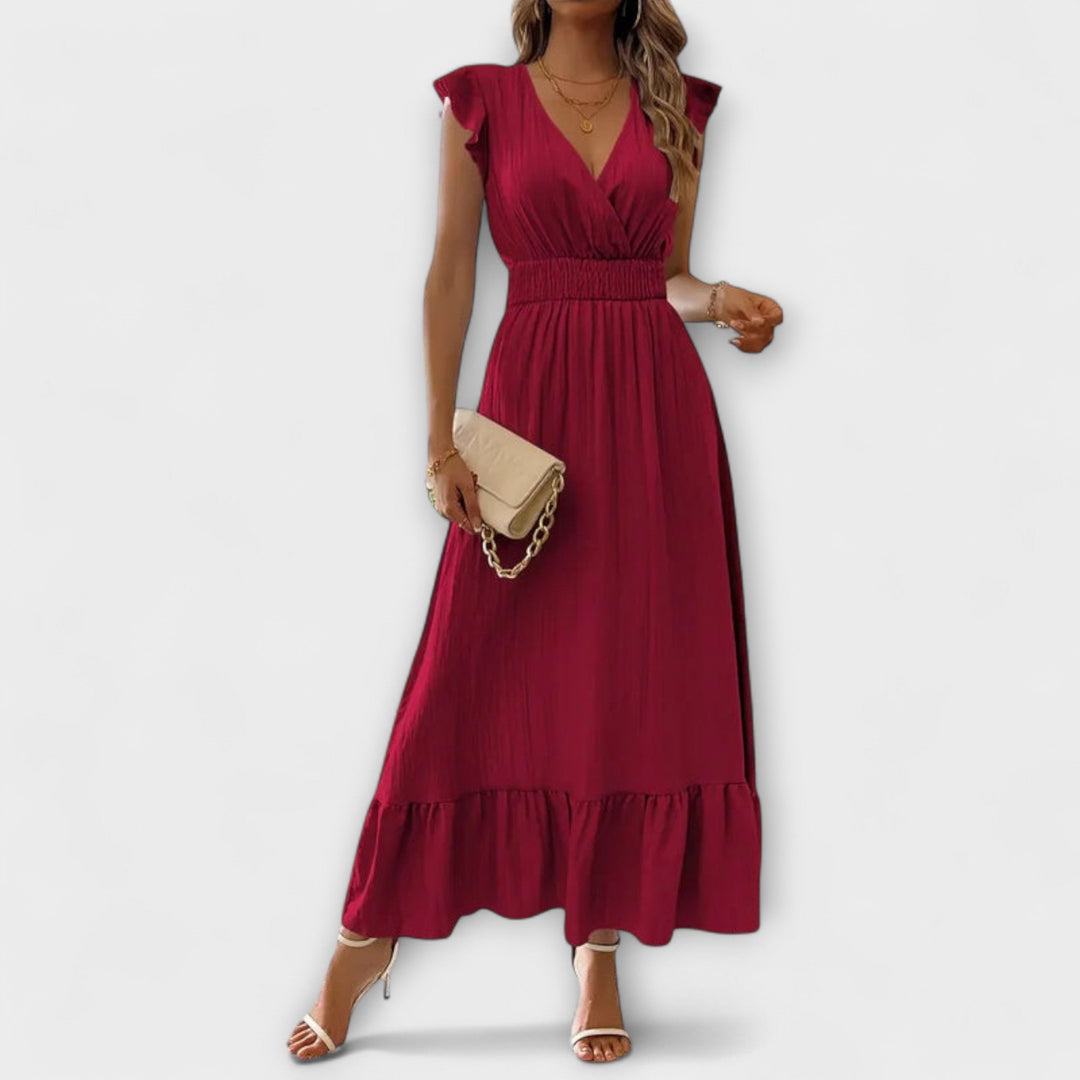 Poet - Vestido largo verde con volantes y escote en V