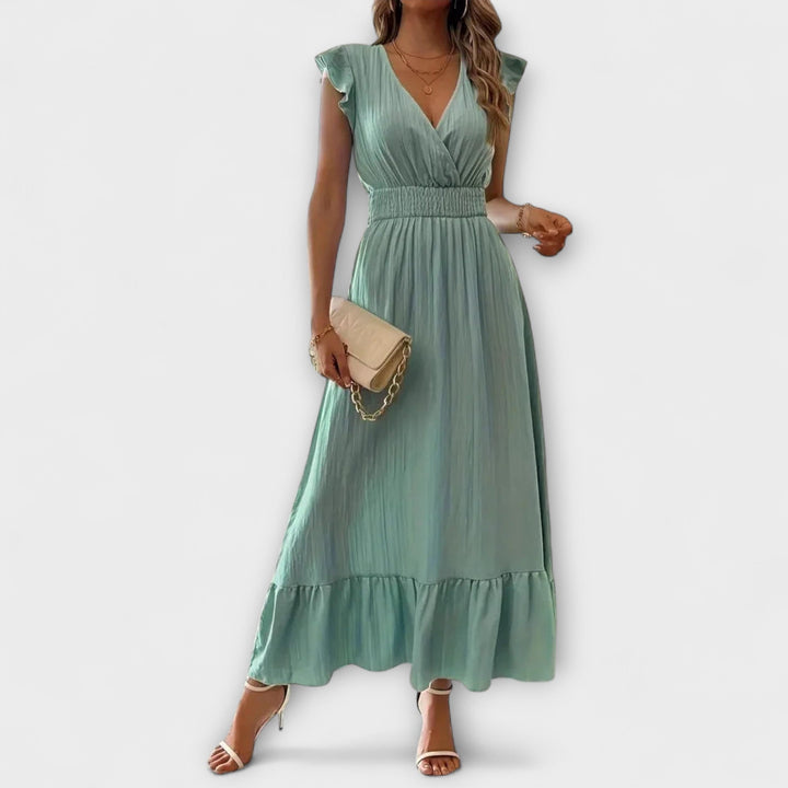 Poet - Vestido largo verde con volantes y escote en V