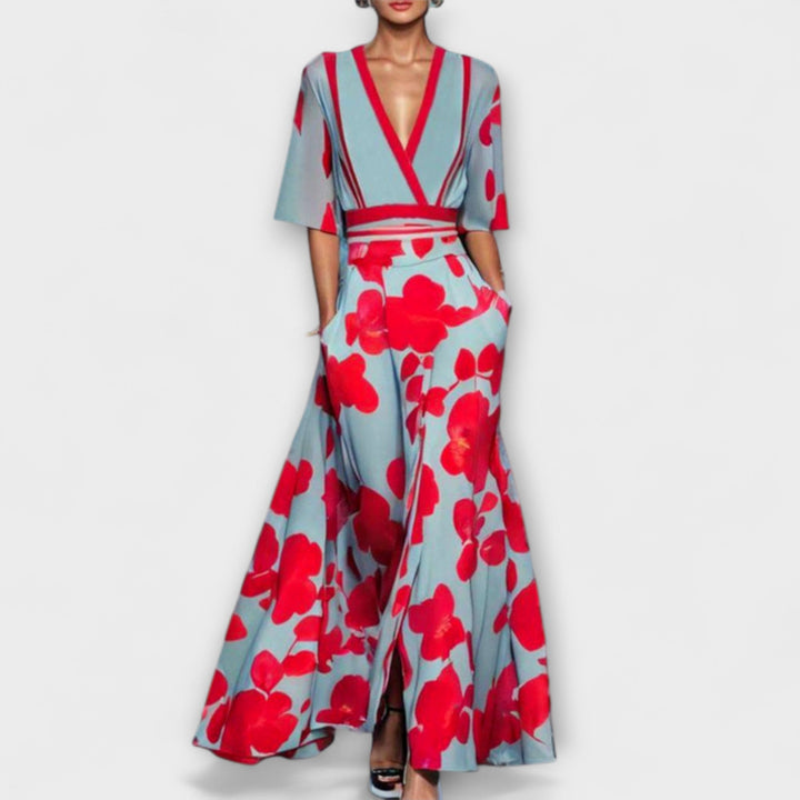 Alea - Vestido colorido con estampado de rosas y escote en V
