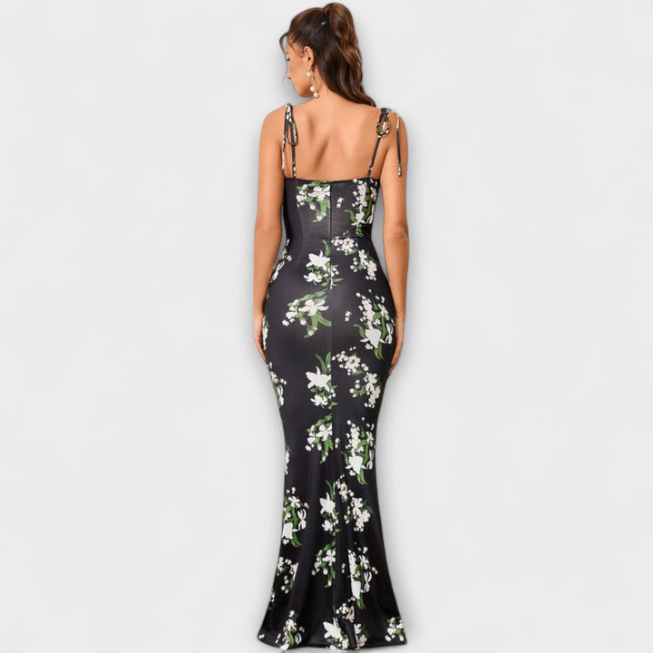 Thalia - Vestido Maxí Verde Oscuro con Estampado Floral