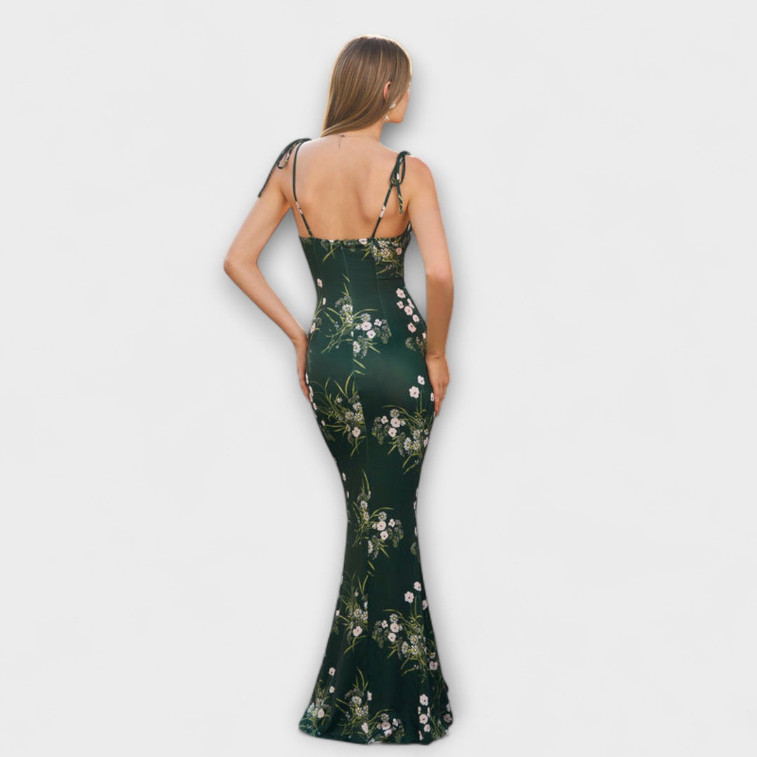 Thalia - Vestido Maxí Verde Oscuro con Estampado Floral