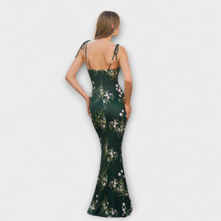 Thalia - Vestido Maxí Verde Oscuro con Estampado Floral