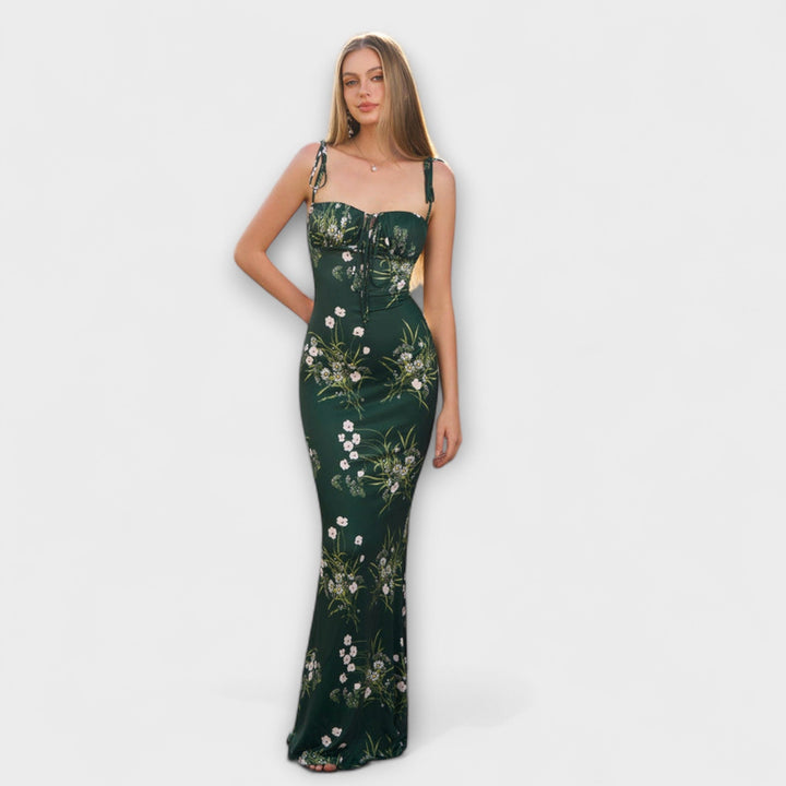 Thalia - Vestido Maxí Verde Oscuro con Estampado Floral