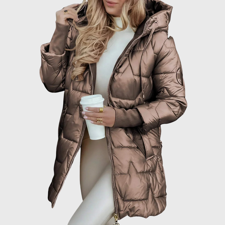María - Abrigo largo beige cálido con capucha