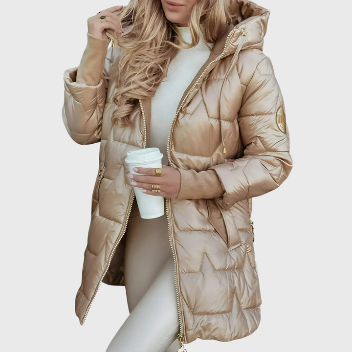 María - Abrigo largo beige cálido con capucha