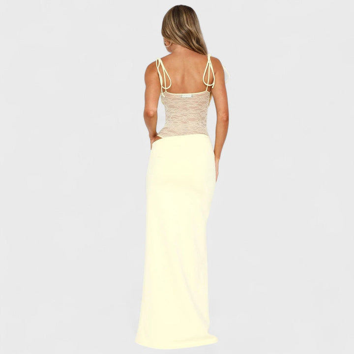 Hanne - Vestido maxi color crema con bloques de color