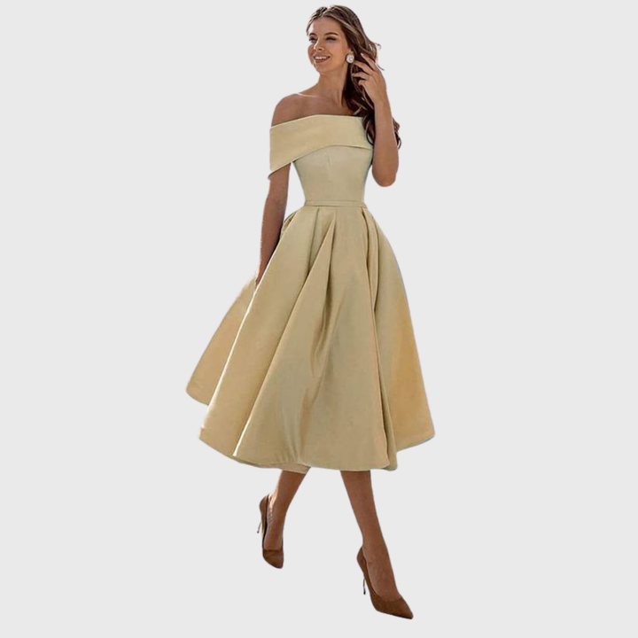 Romy - Vestido maxí beige off-shoulder con drapeado
