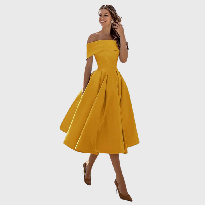 Romy - Vestido maxí beige off-shoulder con drapeado