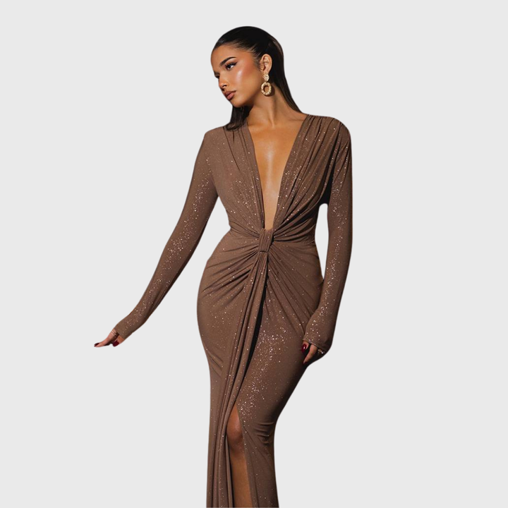 Thea - Vestido maxí marrón con escote en V profundo