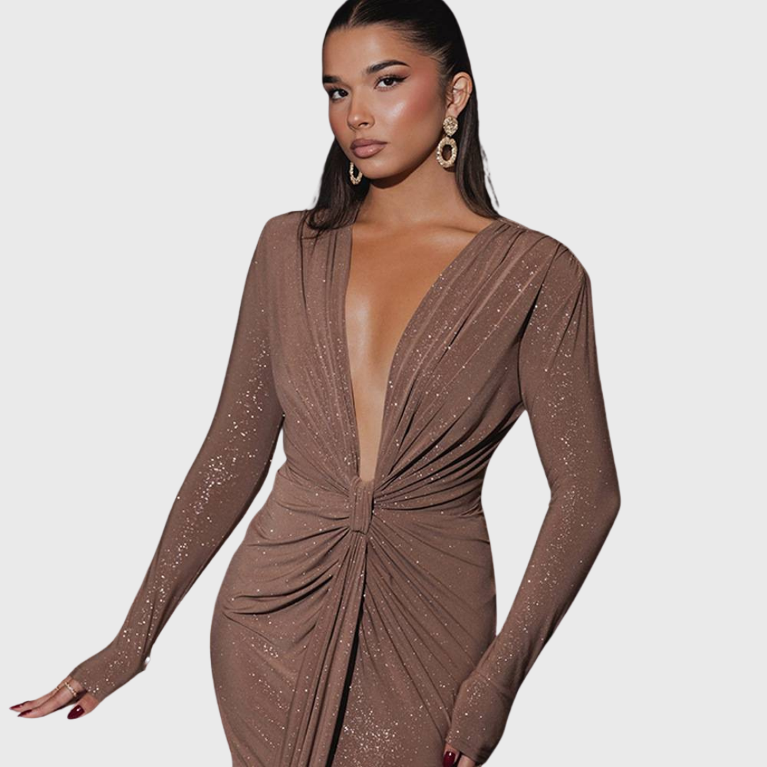 Thea - Vestido maxí marrón con escote en V profundo