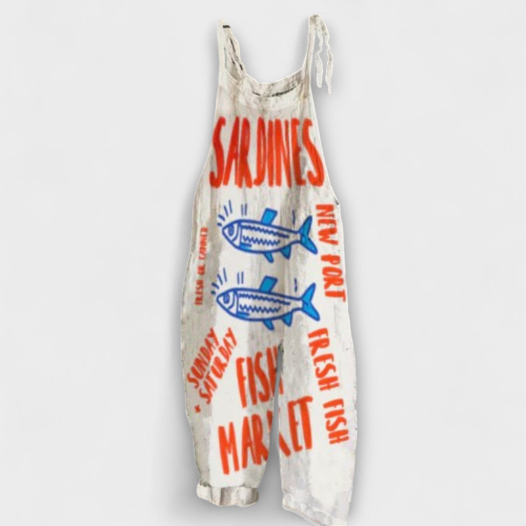 Amelia - Pantalón de tirantes blanco con estampado de sardinas