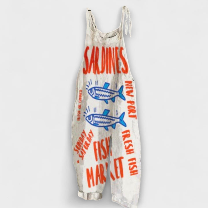 Amelia - Pantalón de tirantes blanco con estampado de sardinas