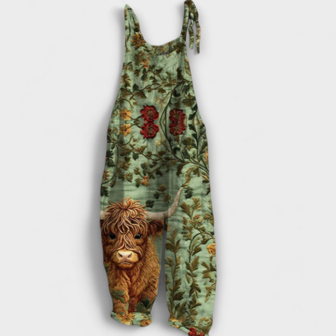Alice - Pantalón de tirantes verde con estampado de vaca Highland