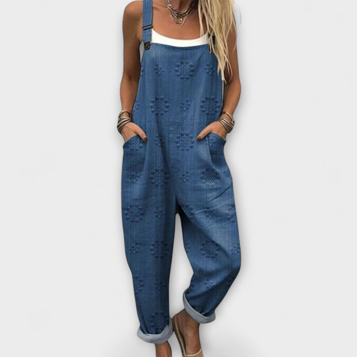 Petra - Pantalón de tirantes azul con estampado floral