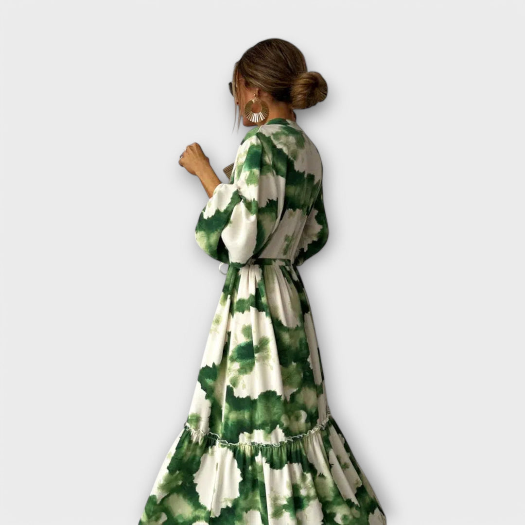 Melina - Vestido maxi verde con estampado de flores y escote en V