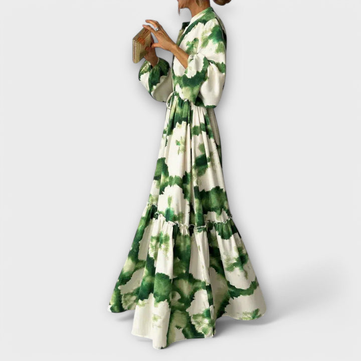 Melina - Vestido maxi verde con estampado de flores y escote en V