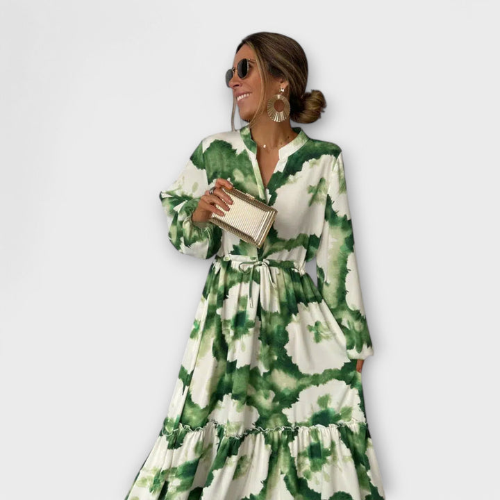 Melina - Vestido maxi verde con estampado de flores y escote en V