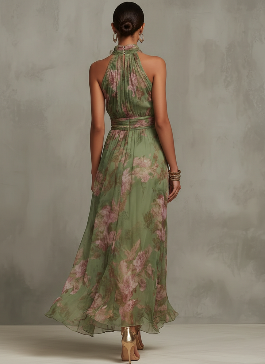 Lidia - Elegante vestido maxi halter con estampado floral