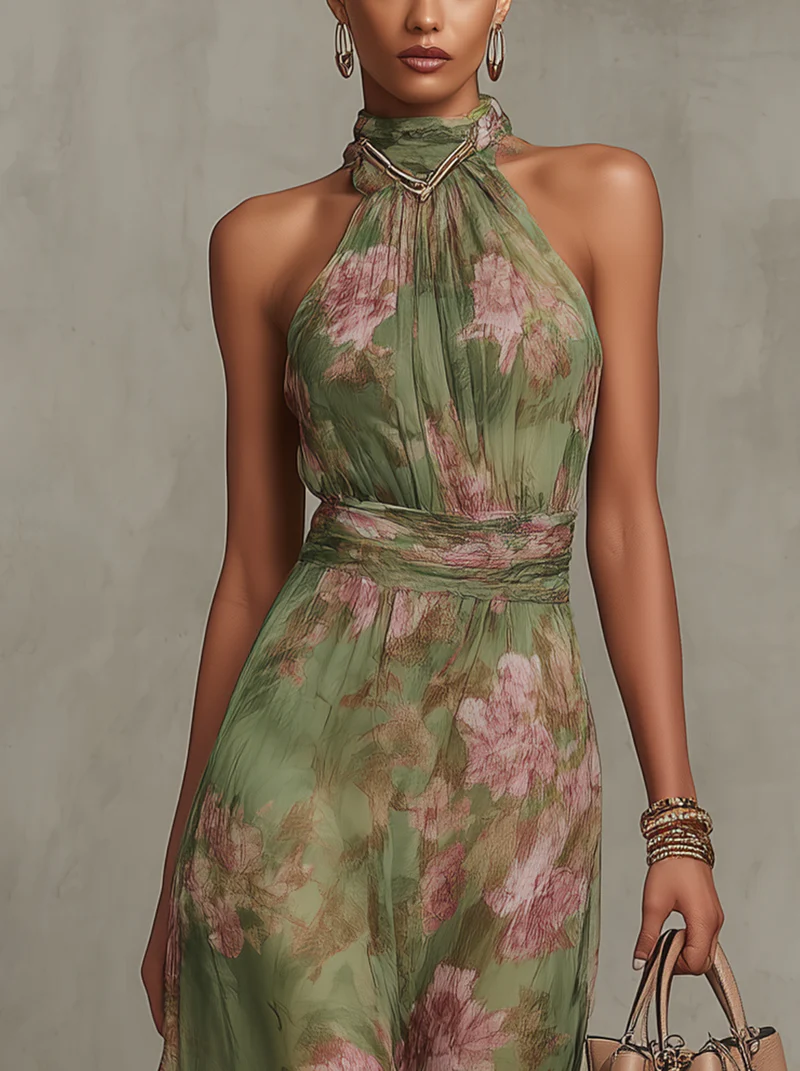 Lidia - Elegante vestido maxi halter con estampado floral