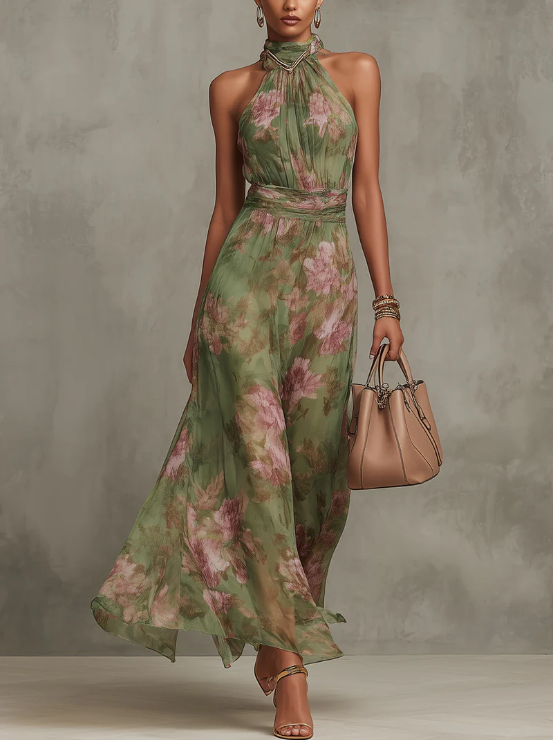 Lidia - Elegante vestido maxi halter con estampado floral