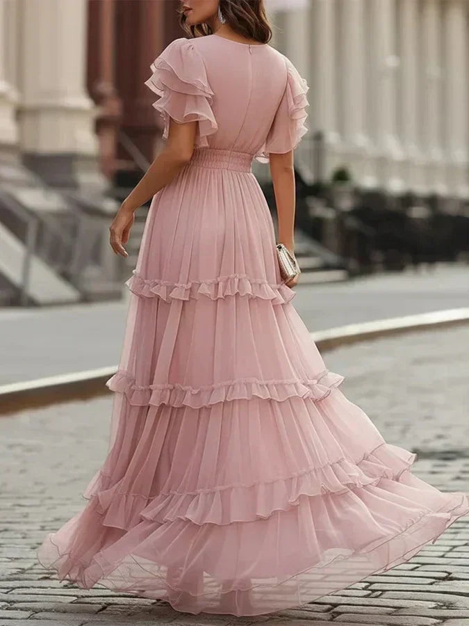 Rosalía - Vestido maxi rosa empolvado con escote en V
