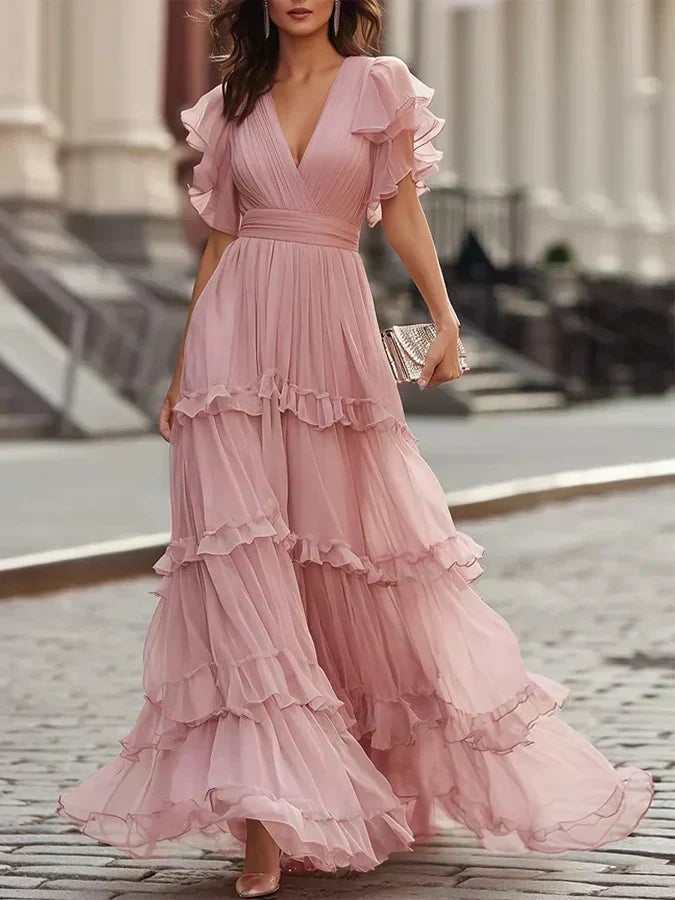 Rosalía - Vestido maxi rosa empolvado con escote en V
