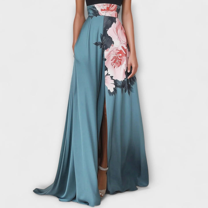 Natalie - Vestido maxí azul con parte superior floral