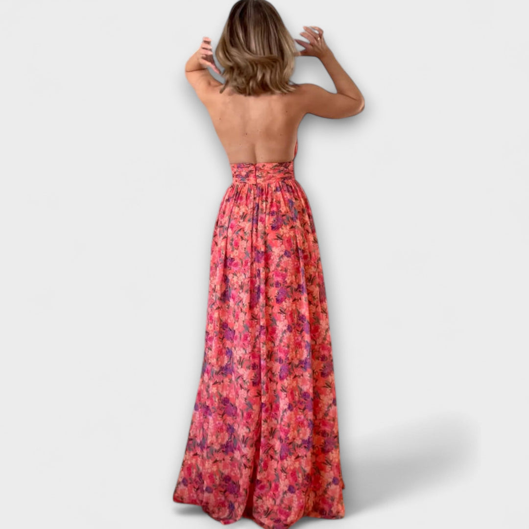 Nortrud - Vestido maxi rojo sin espalda con estampado de flores