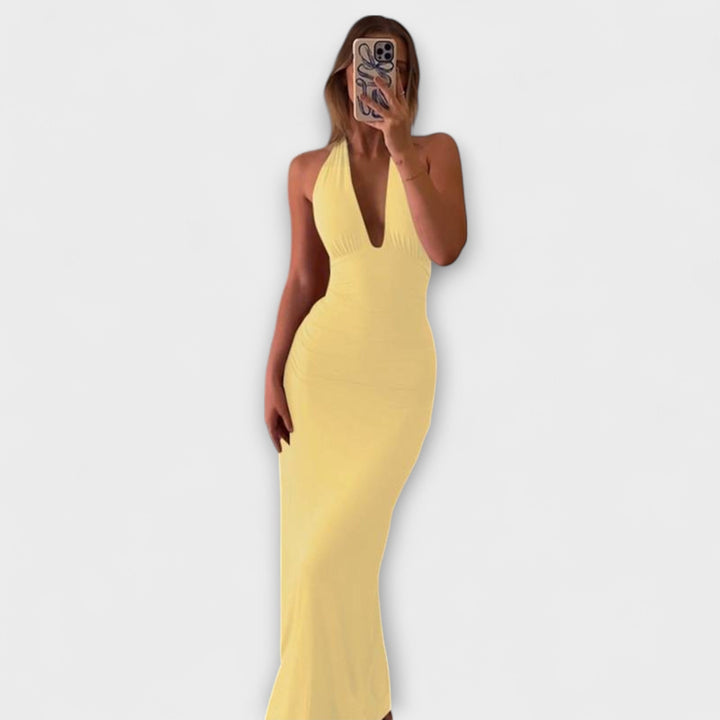 Maxivestido - Estampado acuarela con cuello halter en tonos pastel