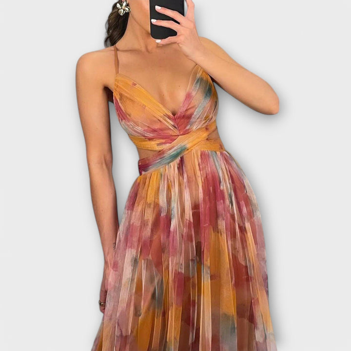 Annai - Maxivestido de malla rosa con estampado de flores