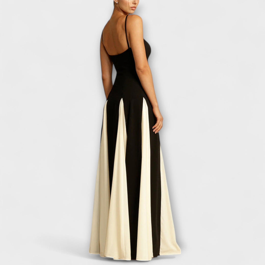 Ember - Vestido maxi A-line negro y crema con tul