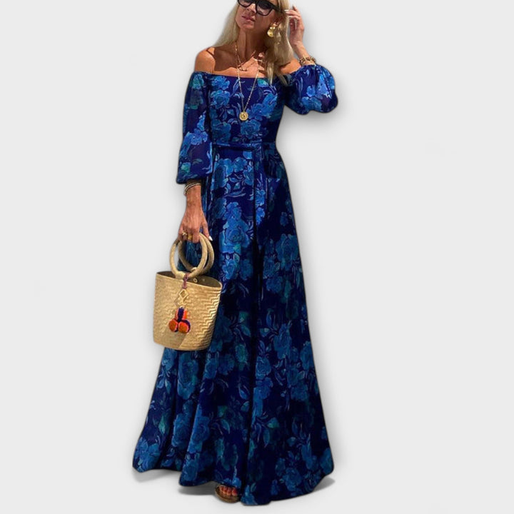 Juniper - Vestido Maxí Off-Shoulder Azul con Estampado Floral